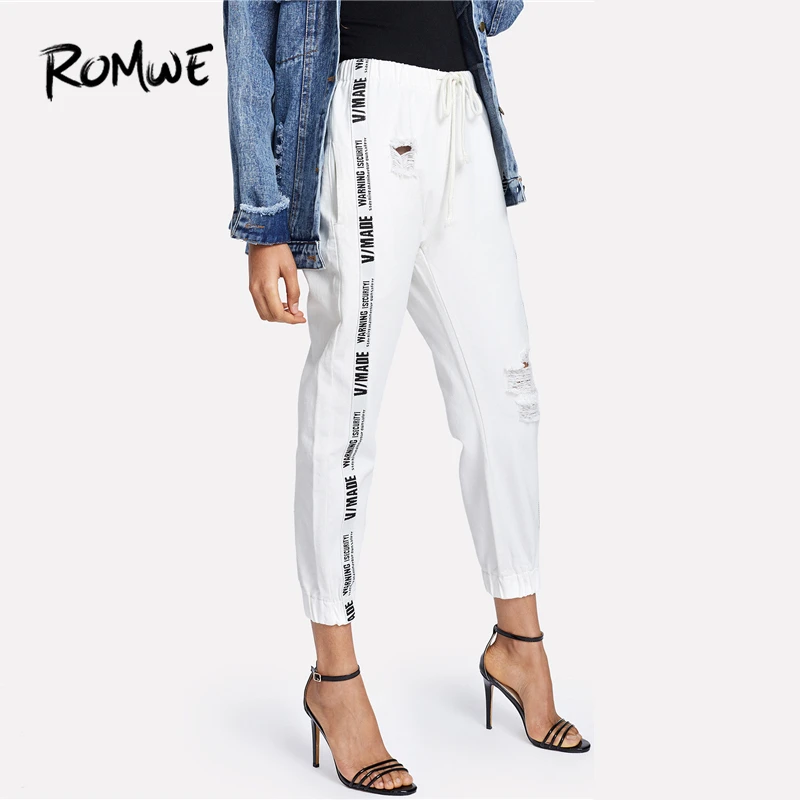 ROMWE Ribbon Letter Ripped Drawstring Denim Jeans 2018 Summer Autumn Women Beige Mid Waist Regular Female Casual Long Pants