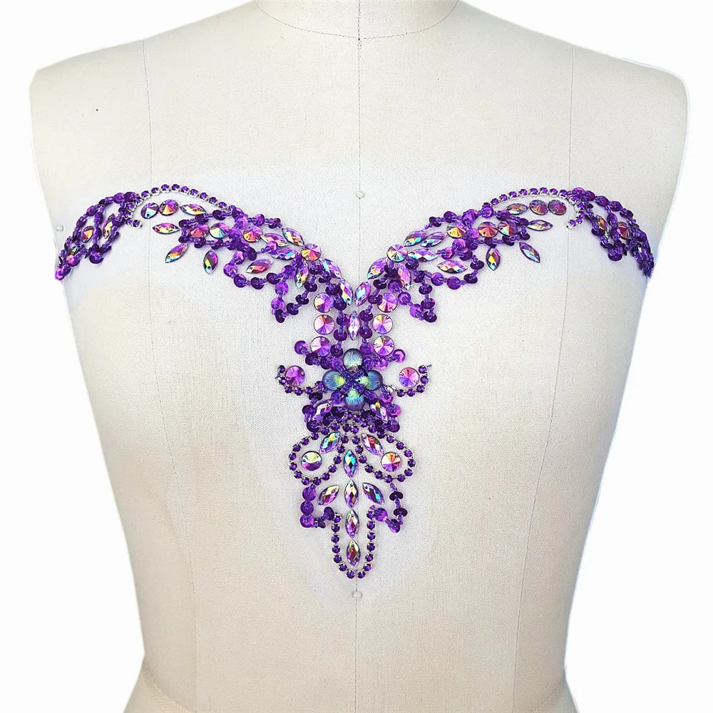 PUrple Angle 20x34cm Hand Beaded Chest Rhinestone Crystal Applique Patches Sewing for Wedding