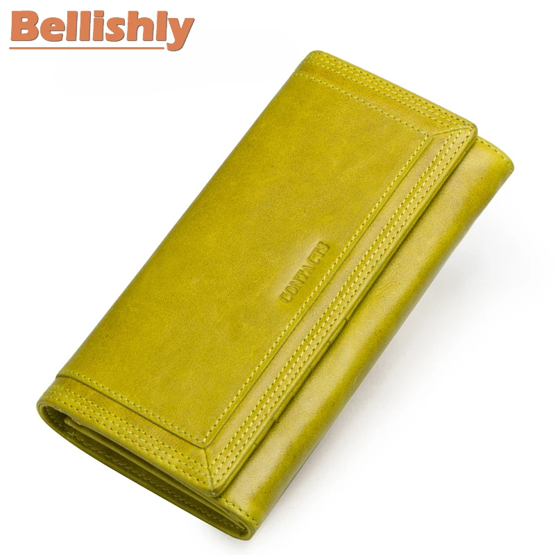 

Bellishly Solid color Genuine Leather Wallets For Women Long luxury Brand Famous Designer Purse Ladies Luis Cell Phone Pocket