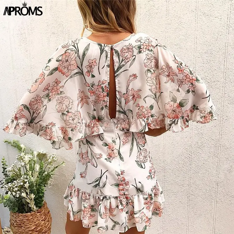 Aproms, синие, с цветочным принтом, с рюшами, короткие, вечерние, женские сарафаны,, летние, сексуальные, открытая спина, половина рукава, повседневные платья, Vestido