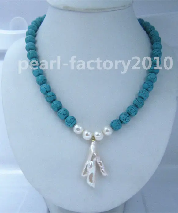 

19" turquoise 18" SOUTH SEA NATURAL White PEARL NECKLACE 14K GOLD CLASP (0926)
