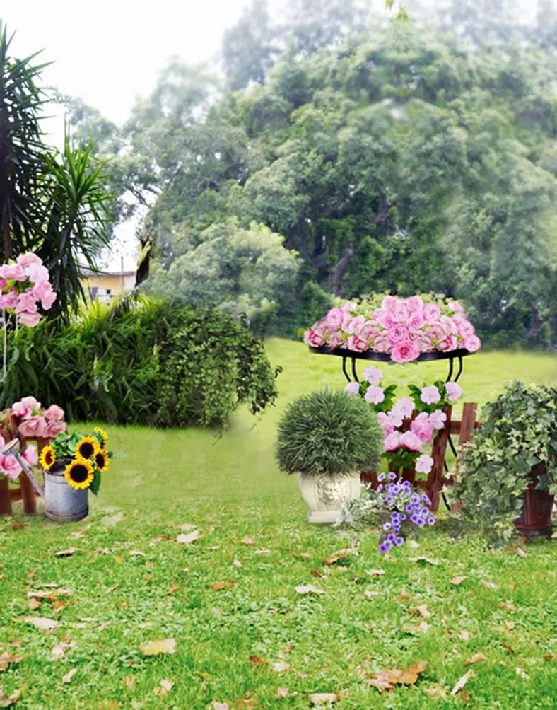 

5x7ft Garden Pink Flowers Tree Lawn Grass Photography Backdrops Photo Props Studio Background
