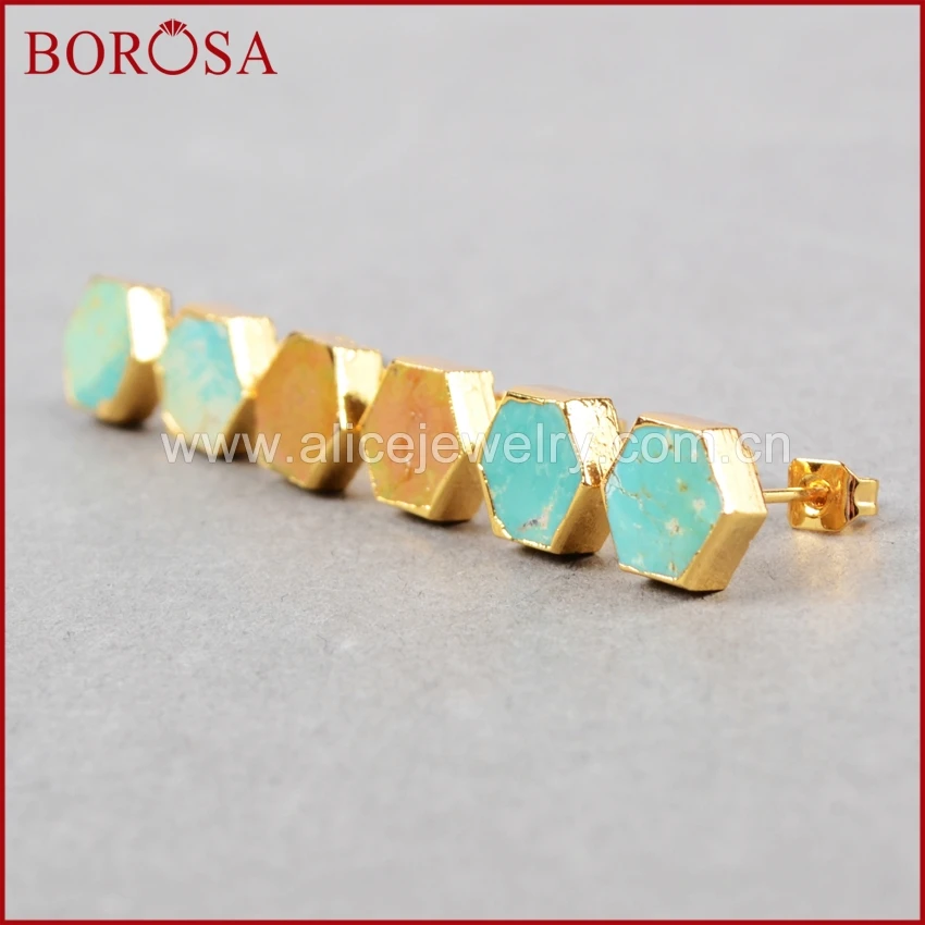 BOROSA 5 пар Высококачественная Шестигранная форма натуральная бирюза серьги-гвоздики модные природные драгоценные камни серьги для женщин как подарки G0611