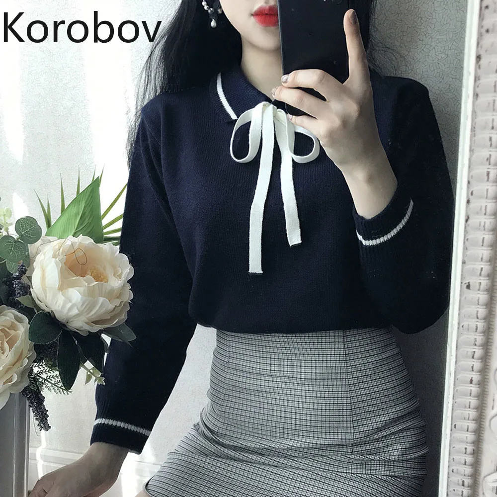 

Korobov Women Sweaters Pullovers Vintage Lacing Bow Turn-down Collar Sueter Mujer Preppy Style Knitted Jumper Femme 78583