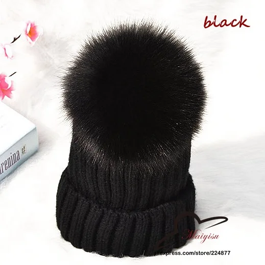 

Big Genuine Real Fox Fur Pompom Winter Hat Cap Warm Knitted Mink Fur Pom Poms Beanie Hat Women Ski Hat With Pom pon Ball