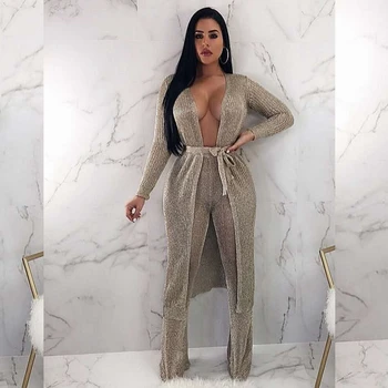 

2019 New Arrive Two Pieces Women Set Sexy Jumpsuit Coat&pants Sliver Gold Fashion Belt Solid Causal Party Clubwear Wholeslae