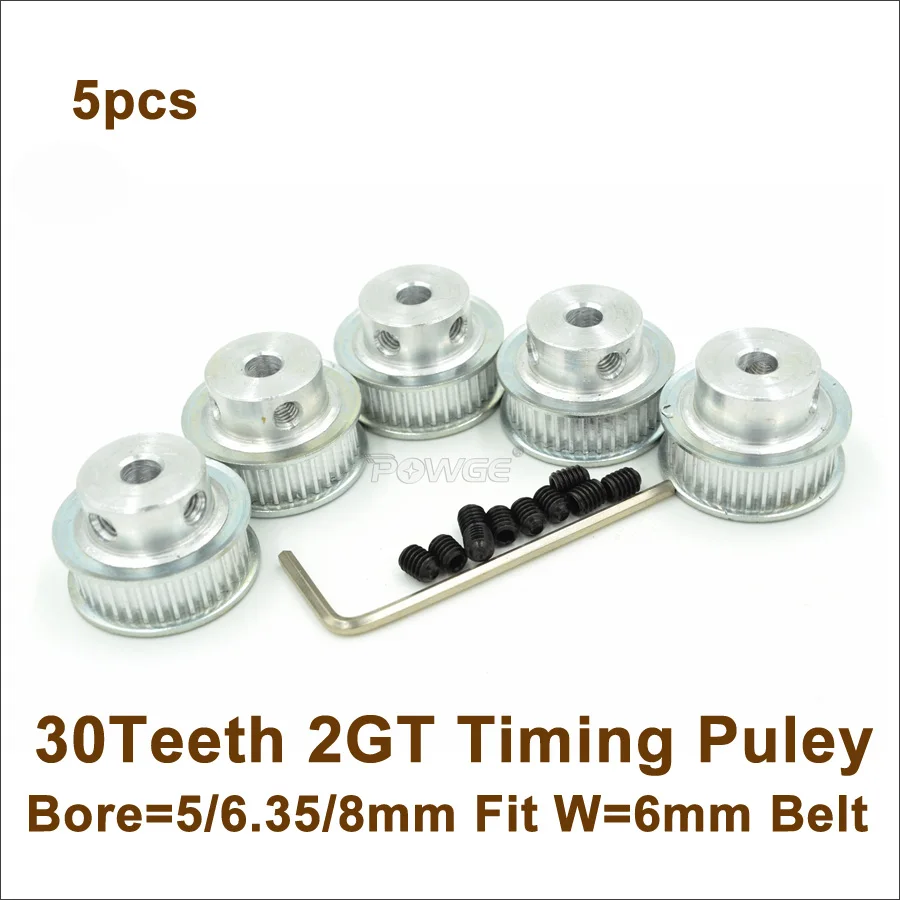 

5pcs 30 Teeth 2GT Timing Pulley Bore 5/6.35/8mm Fit 2GT 6 Timing Belt W=6mm 30T 30Teeth GT2 Pulley GT2 Belt For 3D Printer