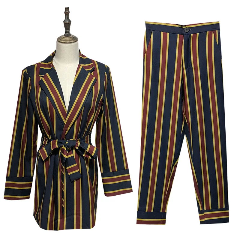 

Women's suit 2019 spring and autumn fashion waist belt slim striped suit + high waist nine pants two suit women