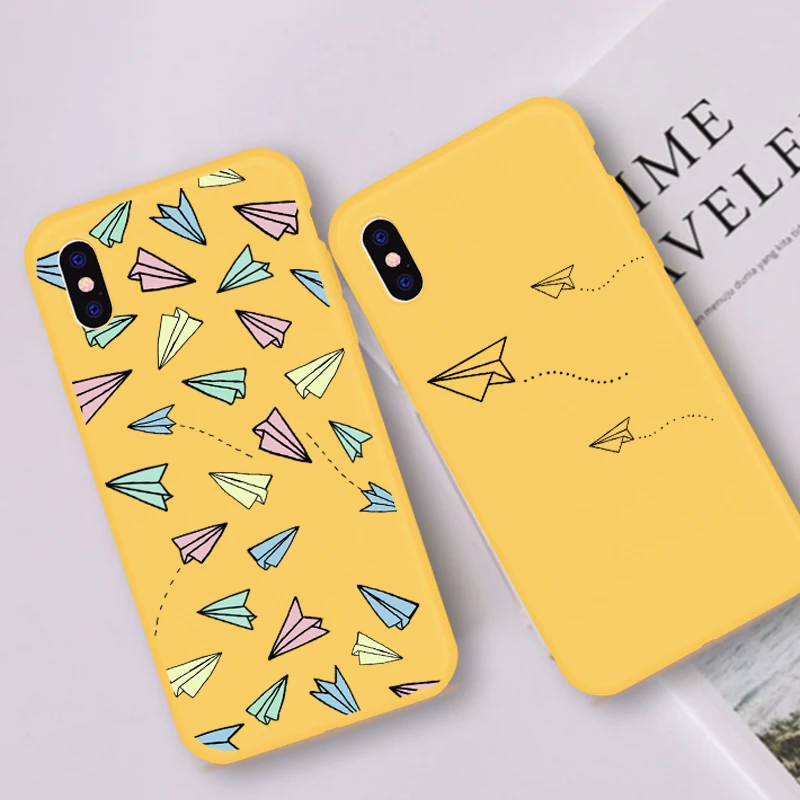 

Cartoon Phone Case Coque For iPhone 6 6S Plus X XR 5 SE Plus Abstract Cute Paper plane Yellow Phone Cover For iPhone 8 7 Plus