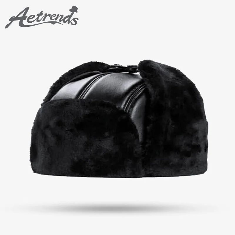 

[AETRENDS] Winter Cap Genuine Leather Men's Hat with Ear Flaps 100% Leather Bomber Hats for Men Dad Caps Z-6708