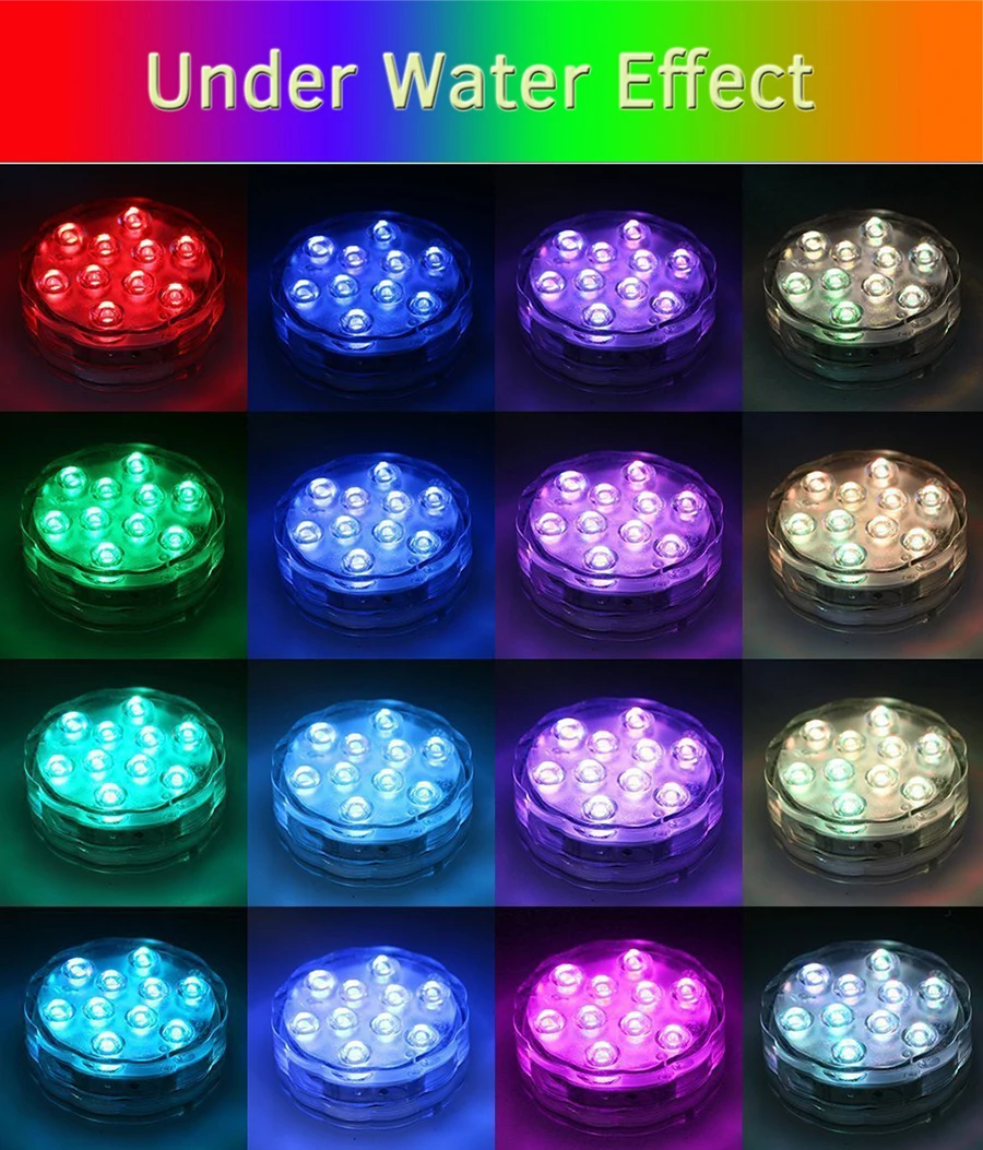 10led RGB светодиодный подводный светильник для пруда, погружной, IP67, водонепроницаемый, с железом, светильник для бассейна, на батарейках, для свадебной вечеринки
