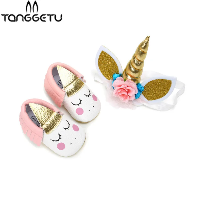 

2018 New Newborn Toddler Baby Girl Soft Crib Shoes Infant Anti-slip Sneaker Prewalker Unicorn Shoes Cown Headband 2Pcs Set