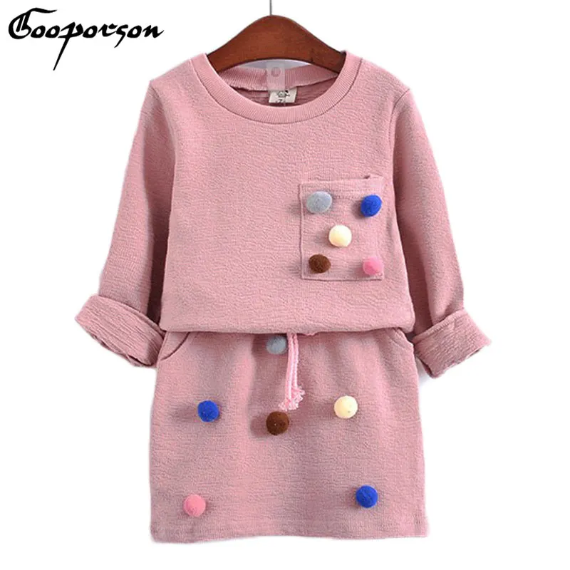 girls winter clothing set long sleeve shirt with ball with pencil skirt pink and blue color fashion clothes set kids children
