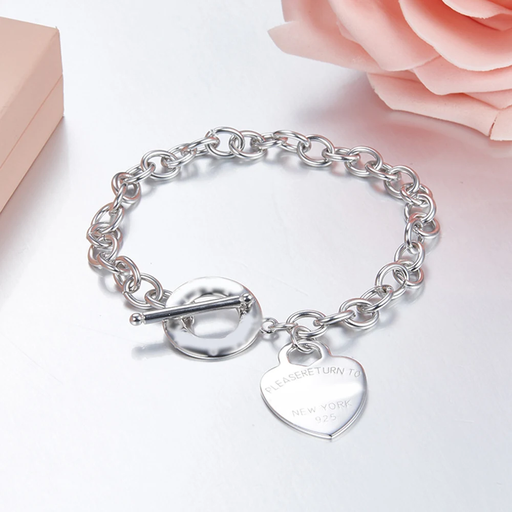 

Hot Heart Sterling Silver chain Bracelets 100% 925 Silver Heart Tag Buckle Tiff New Bracelet To Women Fashion Jewerly gifts Logo