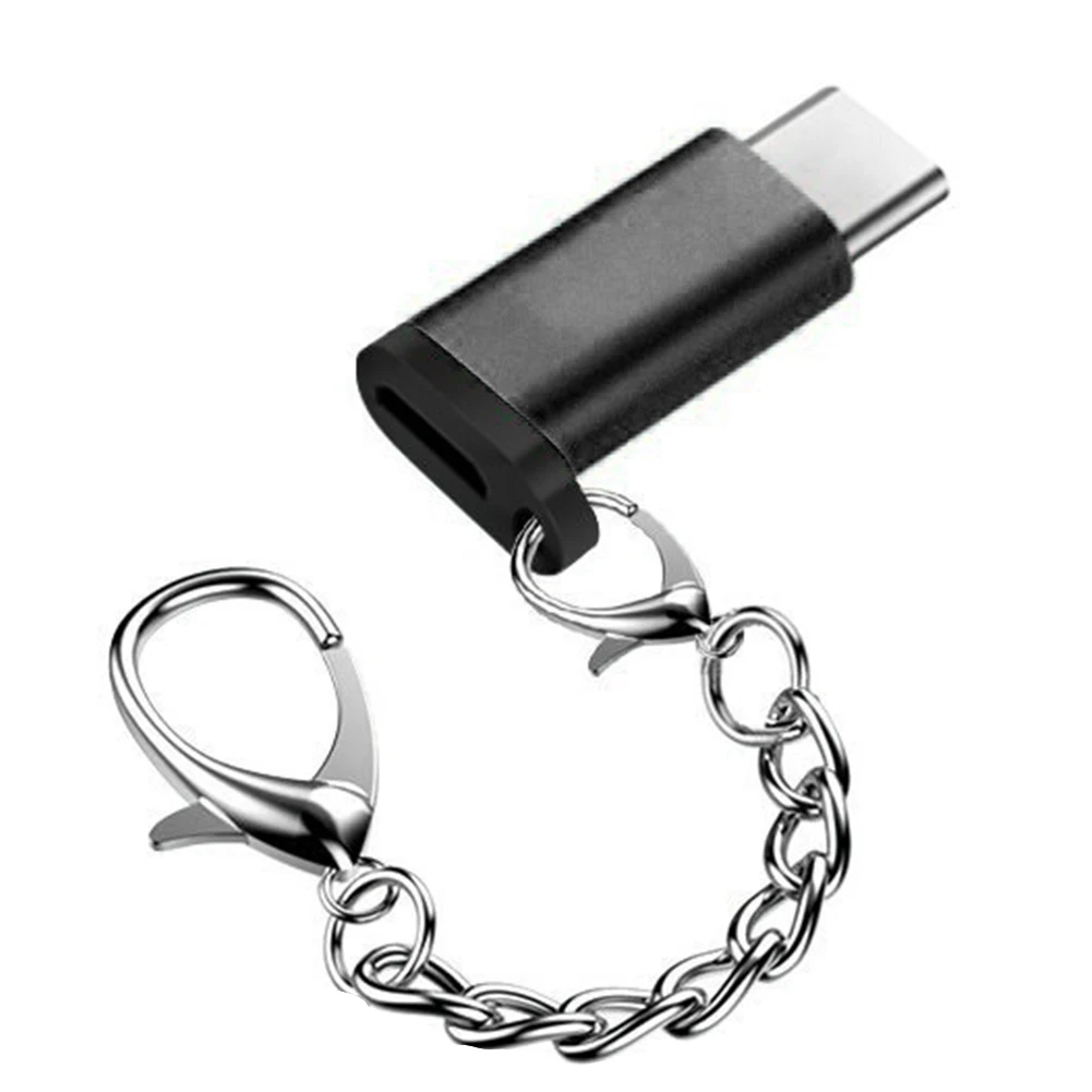 Микро USB к type-c Быстрая зарядка анти-потеря алюминиевого сплава конвертер портативный адаптер с брелком для samsung S8 - Цвет: Черный