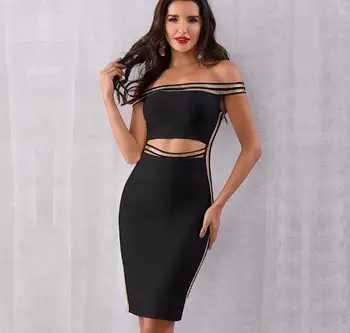 

Sequined Bandage Women Dress Off The Shoulder Sexy Hollow Out Nihgt Club Fashion Black Whiter Party Dresses