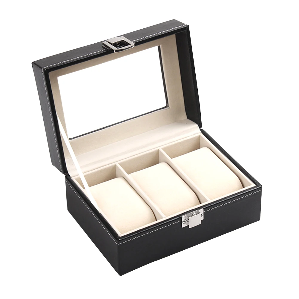 

One Layer 3 Grid Wrist Watch Display Case Black Box Jewelry Storage Organizer with Cover to Collect Your Belongings