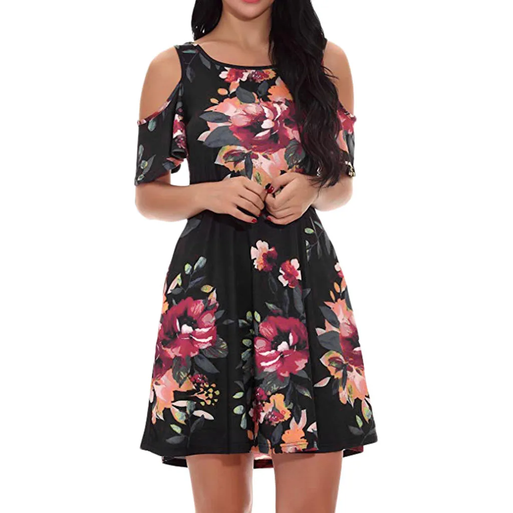 Женское Повседневное платье с открытыми плечами, короткий рукав, цветочный принт, свободное Летнее мини платье, модные пляжные платья, vestidos verano - Цвет: Hot Pink