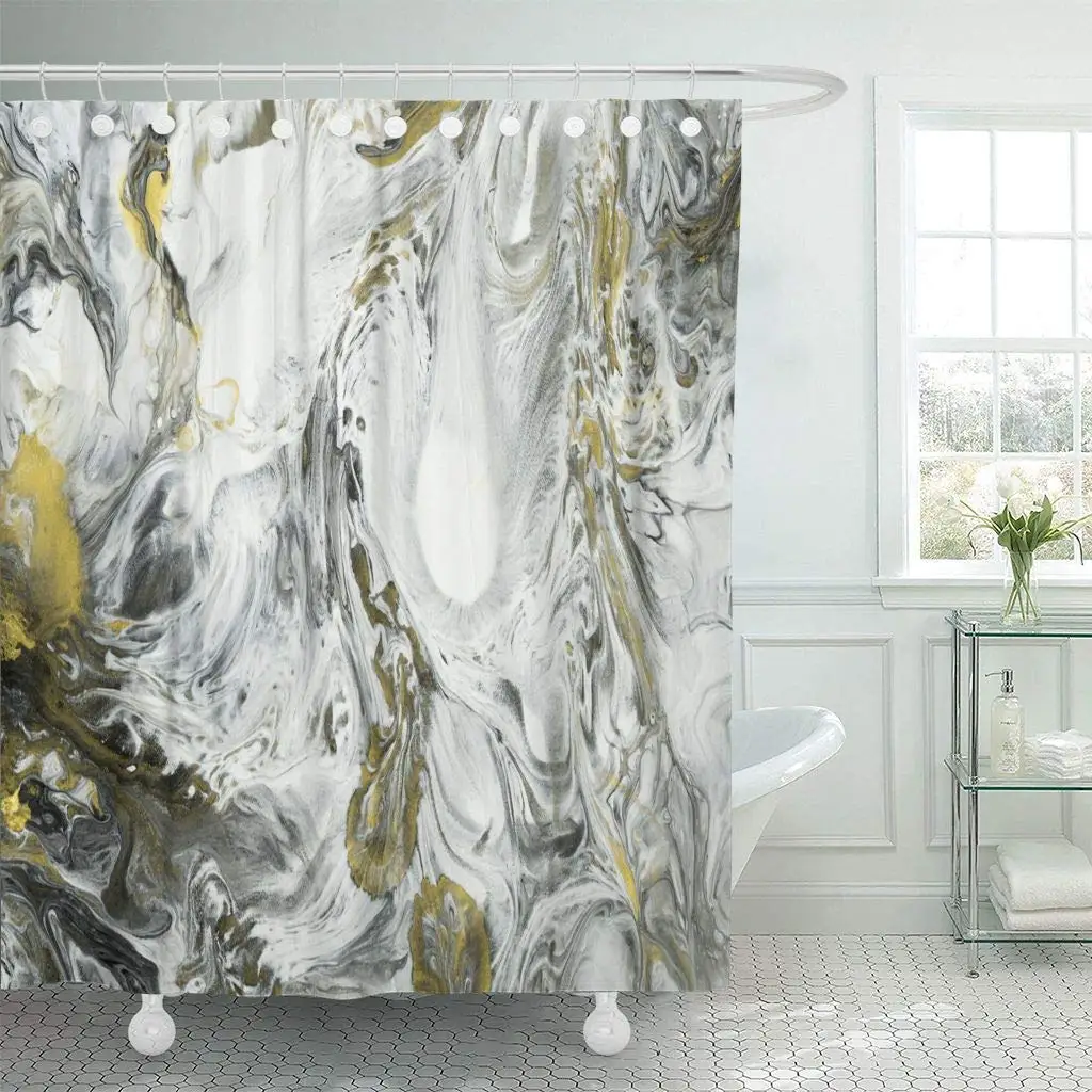 

Shower Curtain with Hooks Abstract Hand Black and White with Gold Close Up Fragment of Painting on Canvas Bathroom Decor