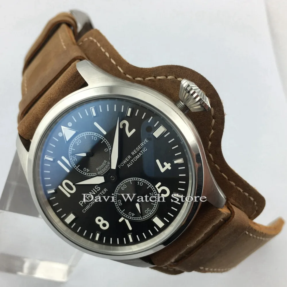 

47mm Parnis watch leather seagull mechanical automatic movement mens wrist watch