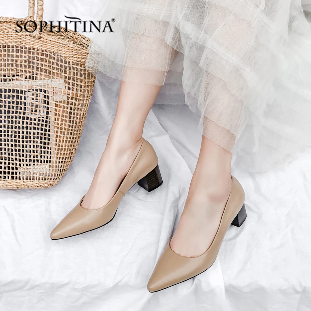 

SOPHITINA Fashion Shallow Pumps Comfortable Med Square Heel Sexy Pointed Toe Shoes Genuine Leather Casual Women's Pumps MO164