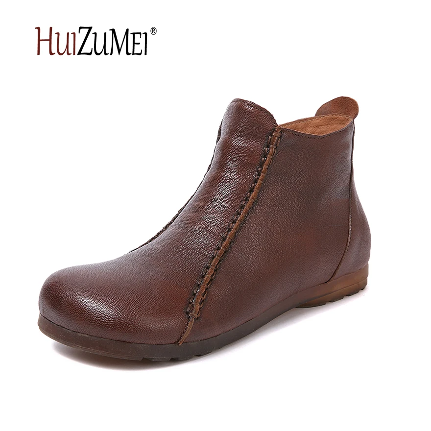 

HUIZUMEI new genuine leather shoes women's boots autumn and winter shoes retro handmade round toe soft bottom rubber ankle boots