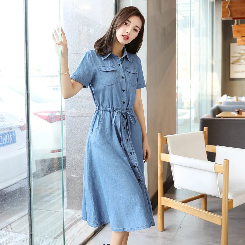 2018 Summer Women Jeans Dress Fashion Short Sleeve Pocket Vintage Lapel Denim Dress Girl Slim Thin A-Line Dress Casual Clothing