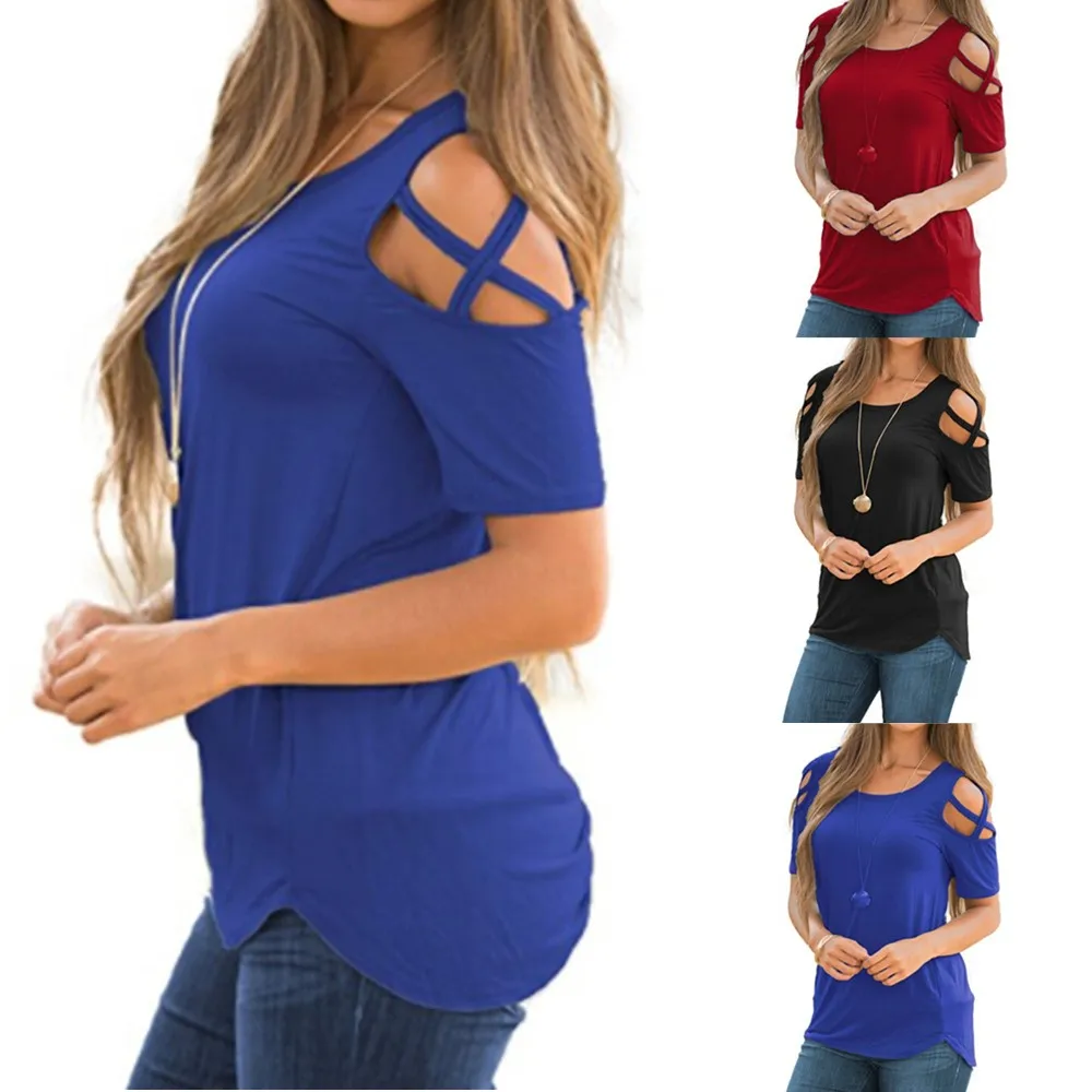 

KLV women's summer short-sleeved one-shoulder hollow belt with large size s-xxl T-shirt solid color shirt T-shirt