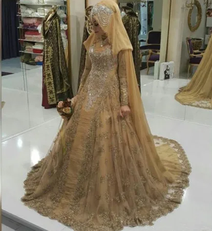

Dubai Champagne Muslim Wedding Dresses Long Sleeve Abaya Dubai Women Formal Dresses Turkish Islamic Clothing 2019 Custom Made