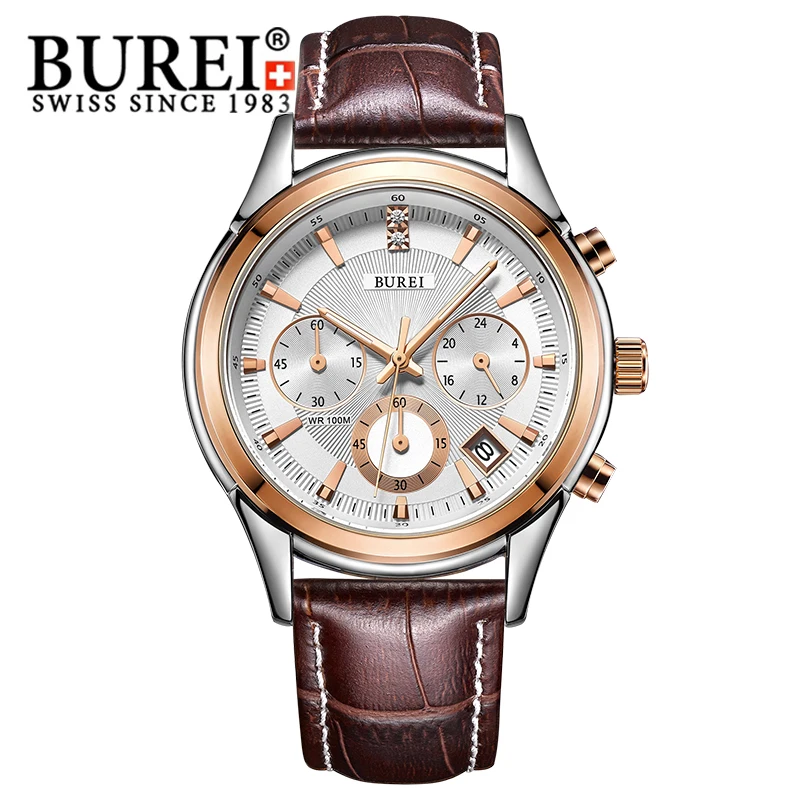 BUREI 2016 Men Watch Stainless Steel Quartz Waterproof Wristwatch Analog Auto Date Luxury Business Man Watches