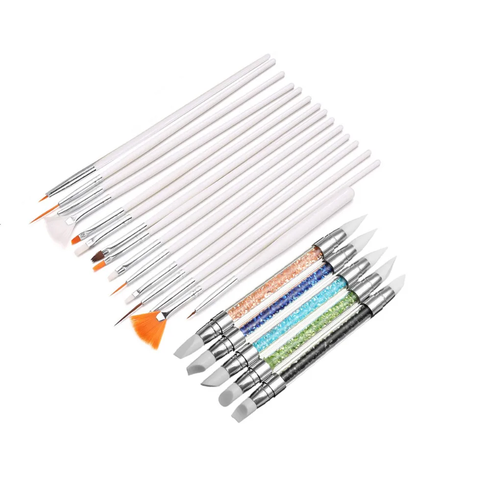 

VVHUDA Nail Art Brushes Silicone Brush Design DIY Tool Painting Drawing Sculpture Crystal Pen Gel Polish Pro 20Set Manicure Tool