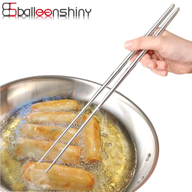 

BalleenShiny 1 Pair Stainless Steel Chinese Chopsticks Reusable Anti-Skip Long Handled Chopsticks For Fry Food Beef Kitchen Tool
