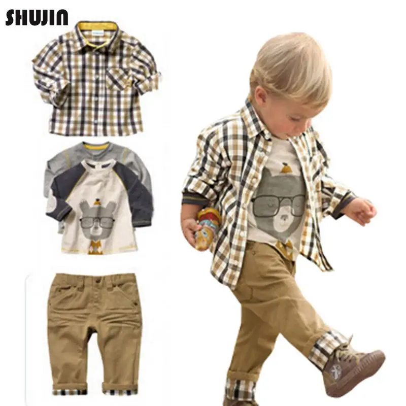Shujin/комплекты одежды для маленьких мальчиков весенне-осенние комплекты одежды футболка с длинными рукавами+ рубашка+ штаны, 3 предмета, детская повседневная одежда для мальчиков