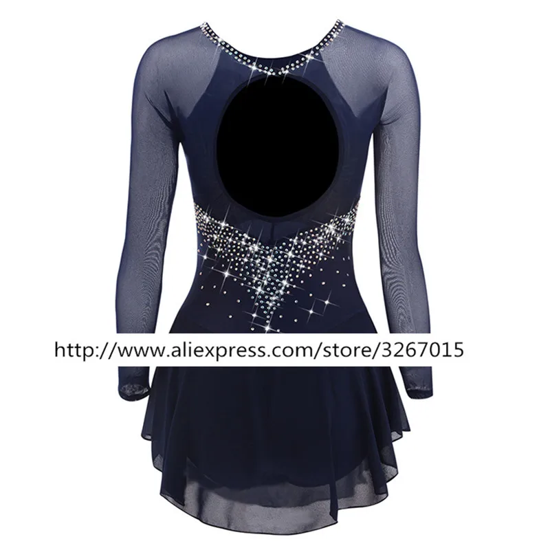 Figure Skating Dress Women's Girls' Ice Skating Dress Dark Navy Red Shiny rhinestone Elastic mesh fabric Long sleeve Figure Skating Dress Women's Girls' Ice Skating Dress Dark Navy Red Shiny rhinestone Elastic mesh fabric Long sleeve