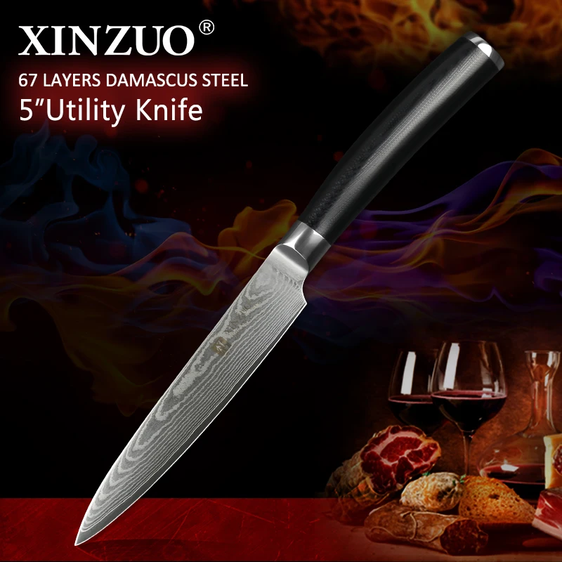 

XINZUO 5 ''Utility Knife 10Cr15CoMoV Core 67 layer High Carbon Damascus Steel Kitchen Knife Lasting Razor Sharp blade g10 Handle