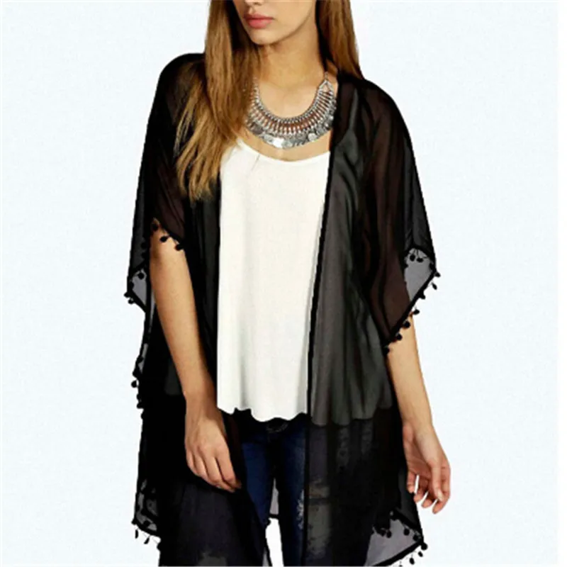 

Summer Women Beach Cover Up Black Perspective Short Sleeve Beach Dress Ladies Cardigan Beach Tunic Female Holiday Chiffon Kimono
