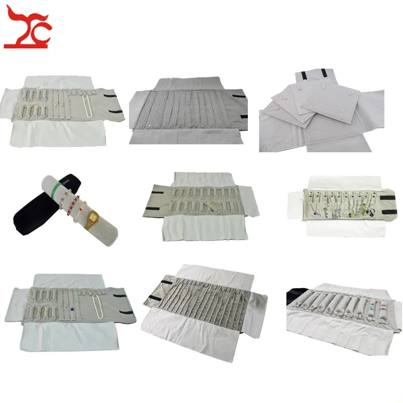 

Portable Grey Velvet Jewelry Display Set Rolls Travel Organizer Bag Foldable Earrings Ring Chain Pendant Necklace Storage Bag
