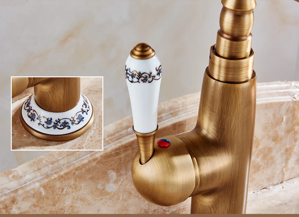 Античный смеситель для ванной комнаты в европейском ретро стиле с одной ручкой, классический кран для холодной и горячей воды, Поворотный Смеситель