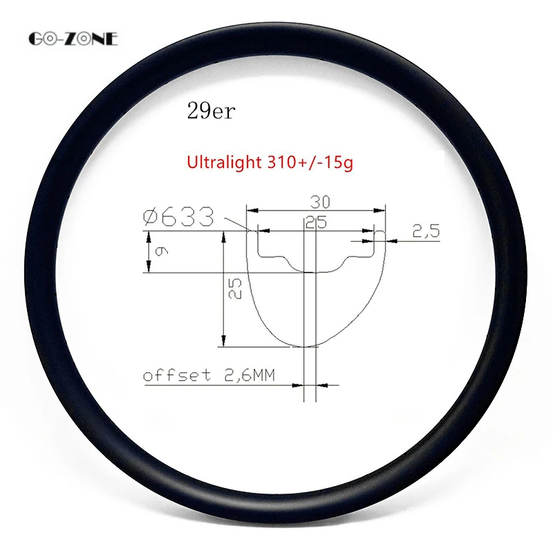 

Go-zone asymmetric ultralight mountain bike rim 310g 29 inch 30 width 25 depth tubeless MTB bicycle carbon wheel rims UD matte