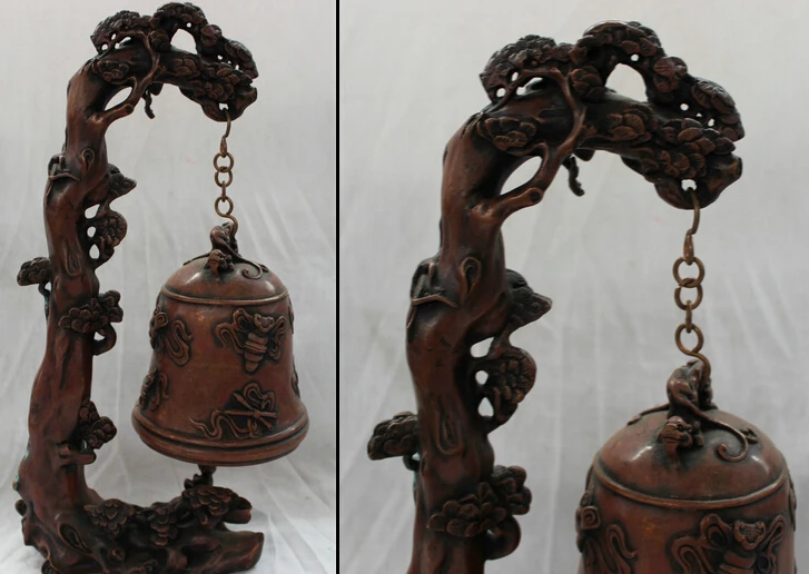 

JP S0608 14" Chinese Bronze Pine Tree Lion Head Statue 8 Auspicious Symbol Temple Bell