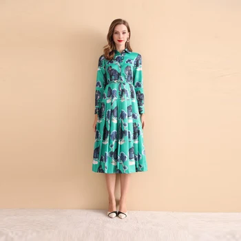 

Custom Plus Size Dress 2018 Summer Latest Turn-down Collar Full Sleeve A-Line Sashes Cat Print Elegant Mid-Calf Dress Women