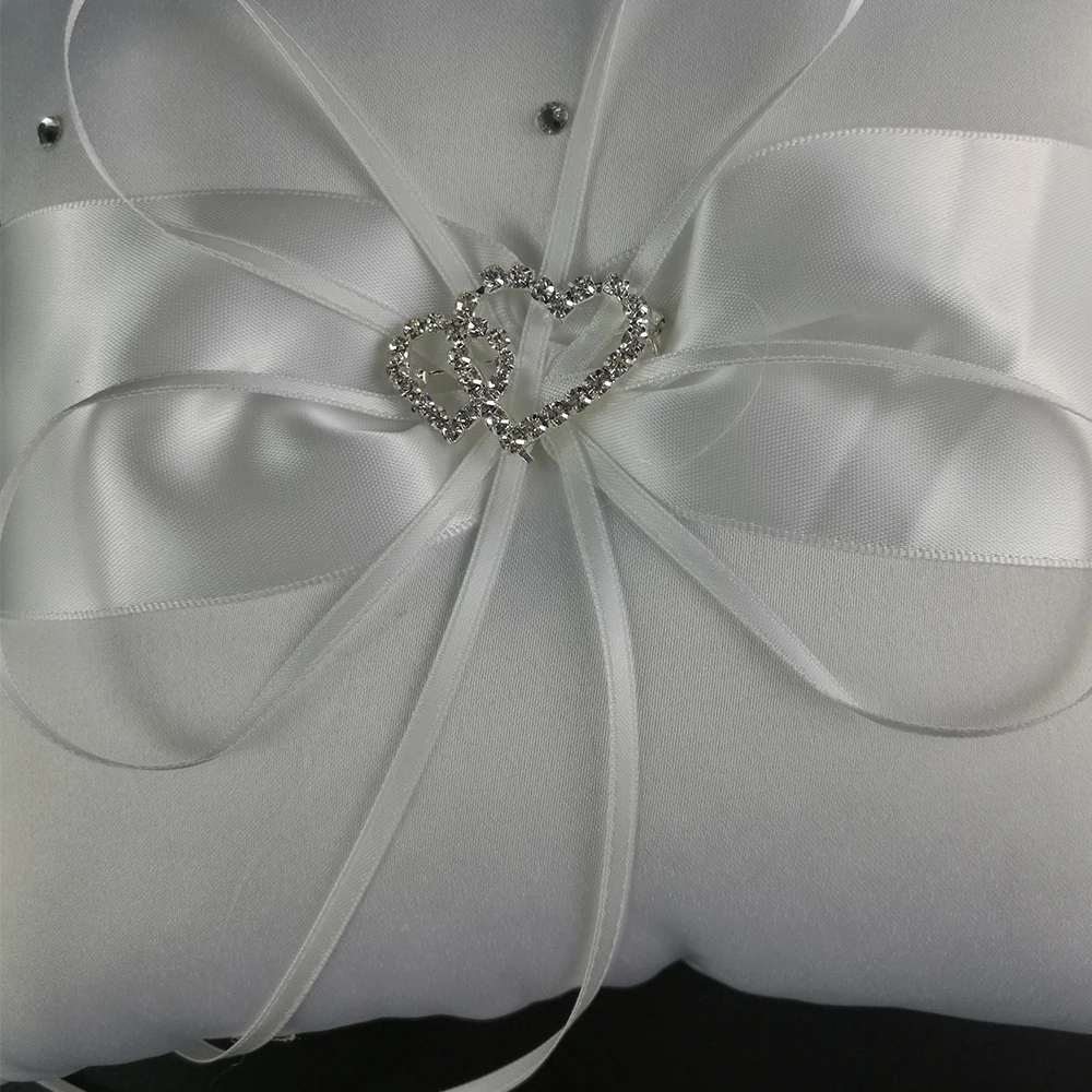 Wedding Ring Pillow 20 x 20cm Double Heart Rhinestones Decor Satin Bridal Cushion with Ribbons Wedding Decor Supplies