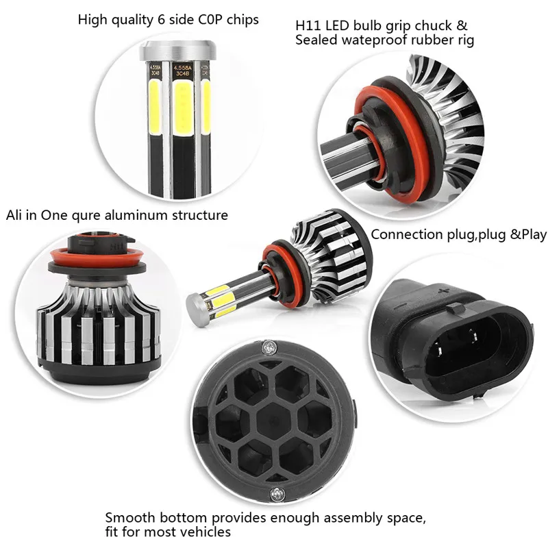 В любом случае автомобильных фар H7 светодиодный H11 светодиодный H8 H9 COB 6-по бокам лампы для фар 3000k 6000k 8000k 6000LM светодиодный фары для авто X6S 12V 24V