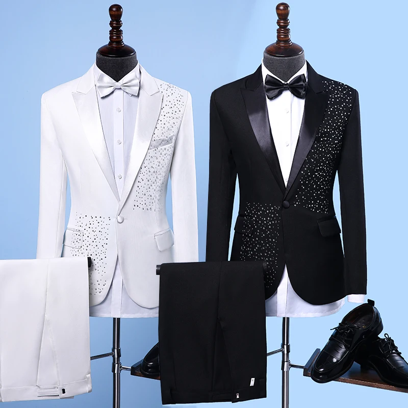 

Black Whiter Crystals Tuxedo Men's Suits Fashion Slim Stones Blazers Male Singer Host Stage Outfit Chorus Performance Costumes