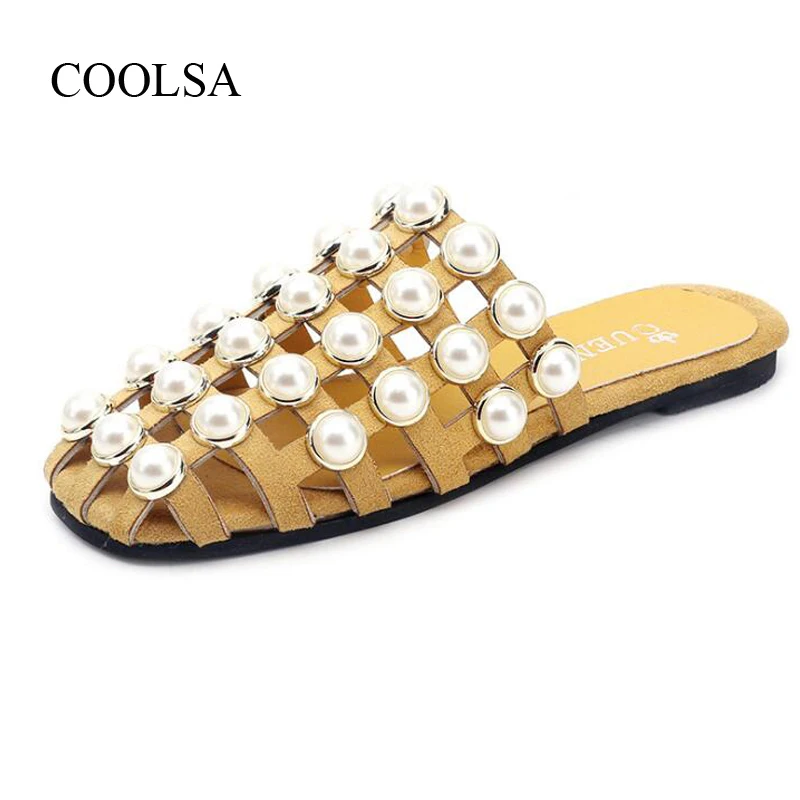 COOLSA/женские флоковые тапочки на плоской подошве с жемчугом; женские летние модные шикарные тапочки в римском стиле; блестящие шлепанцы для дома и отдыха
