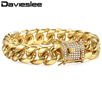 

Davieslee Mens Bracelet 2018 Gold Miami Curb Cuban Link Chain Bracelets For Men Iced Out CZ Jewelry Gifts 14mm LGB451