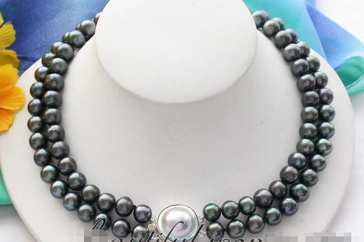 

FREE SHIPPING * z3232 AA++ 2ROW 11mm BLACK ROUND FW PEARL NECKLACE MABE 925SC