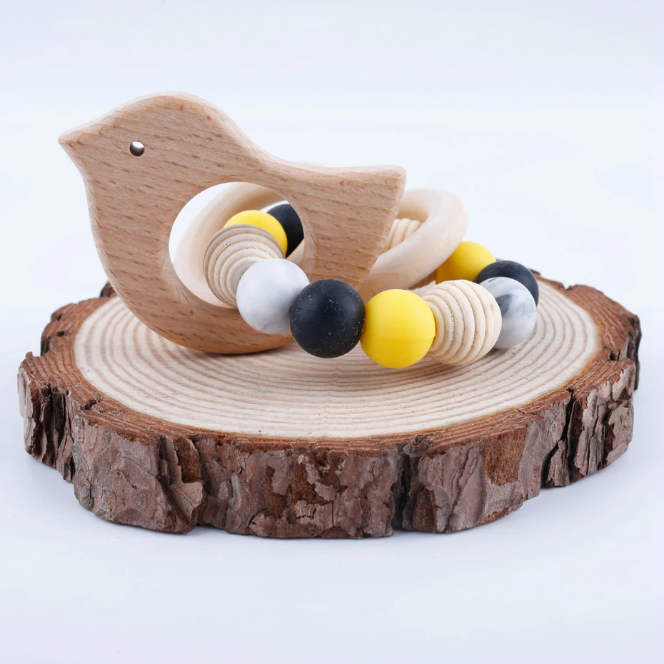Деревянные браслеты деревянный жевательный Прорезыватель крючком бусины Woo Baby Gym погремушка игрушки в форме птицы силиконовые бусины ручной работы поделки