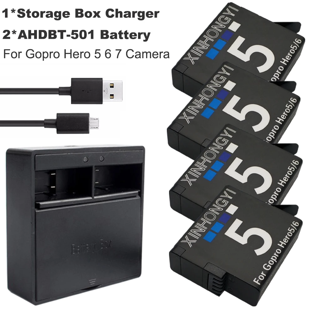 

4Pcs battery for GoPro Hero5 6 7 AHDBT-501 AHDBT501 Bateria + Box USB Dual Charger for Go Pro Hero7 Camera AHDBT 501 batteries