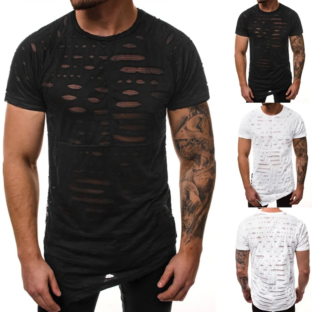 

Fashion Brand Men's tee shirt homme Summer New Style Personality Pure Hole Short Sleeves Irregular Hem camiseta masculina 2019